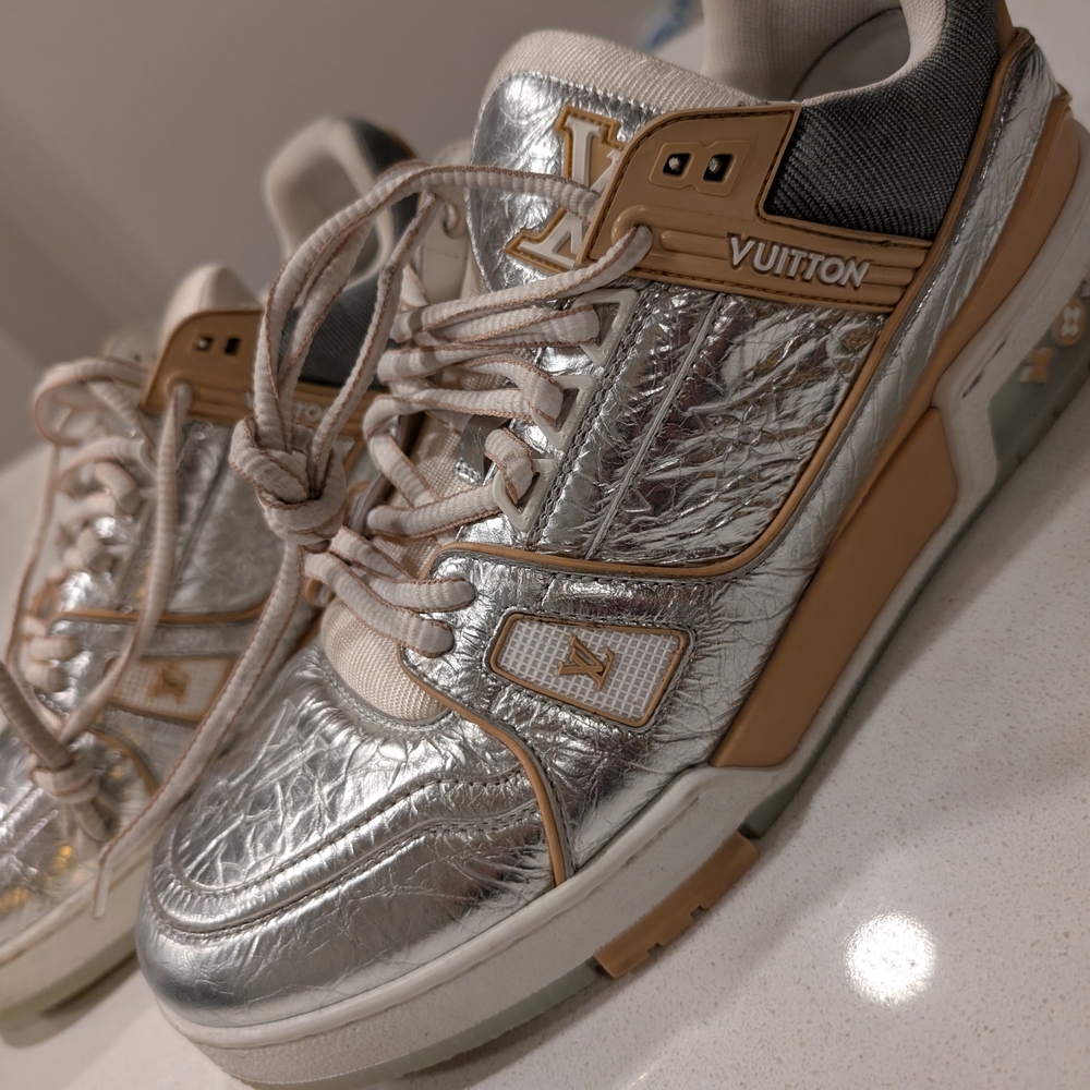 Louis Vuitton Silver and Tan Sneakers with Metallic Finish